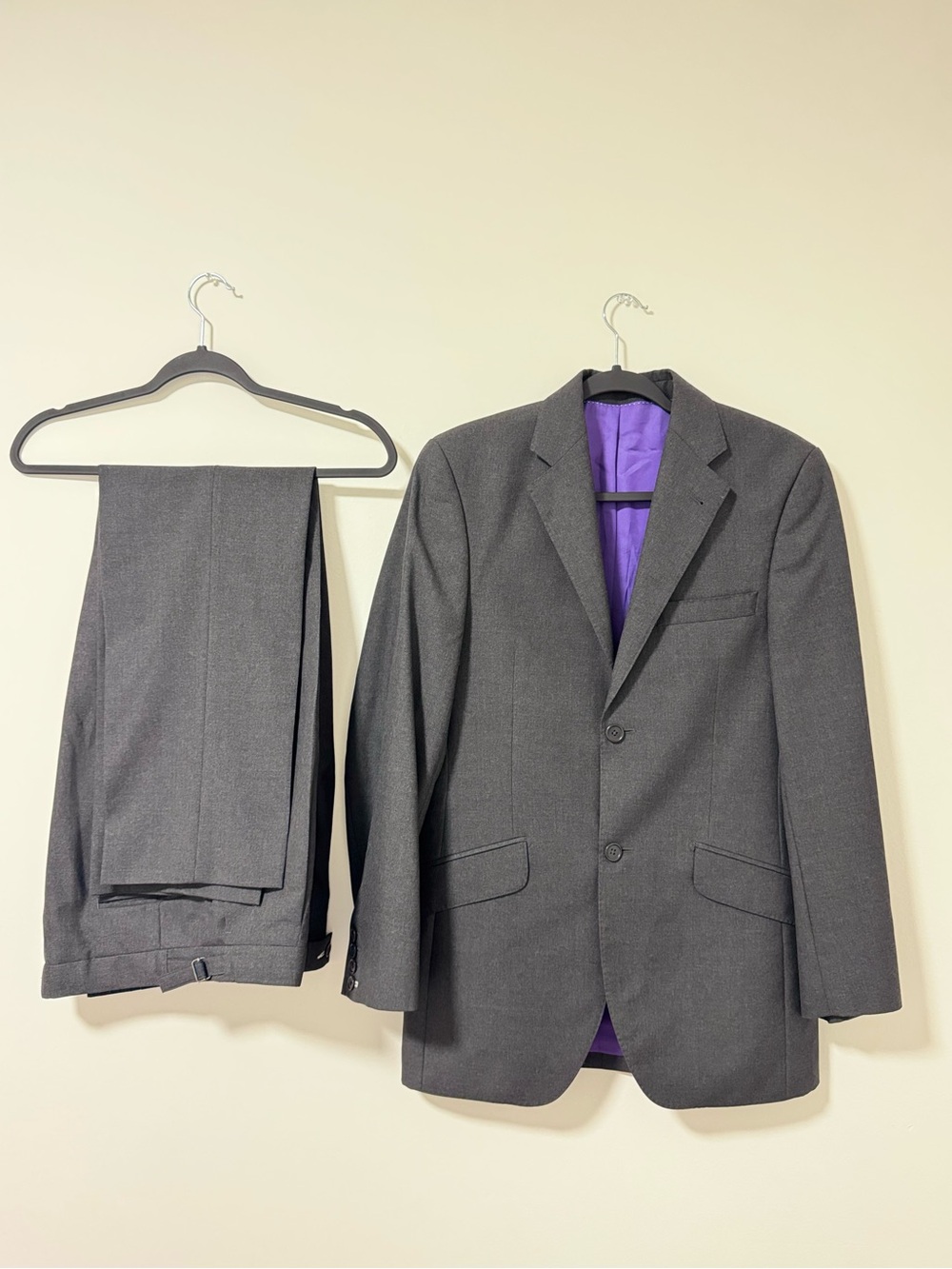 Mark Stephen Marengo Suit 42R Grey 100% Wool Purple Lining , Pants 32x31